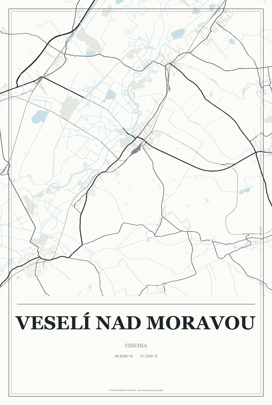 Veselí nad Moravou, Czechia City Map Aluminum Sign in Gallery Air style