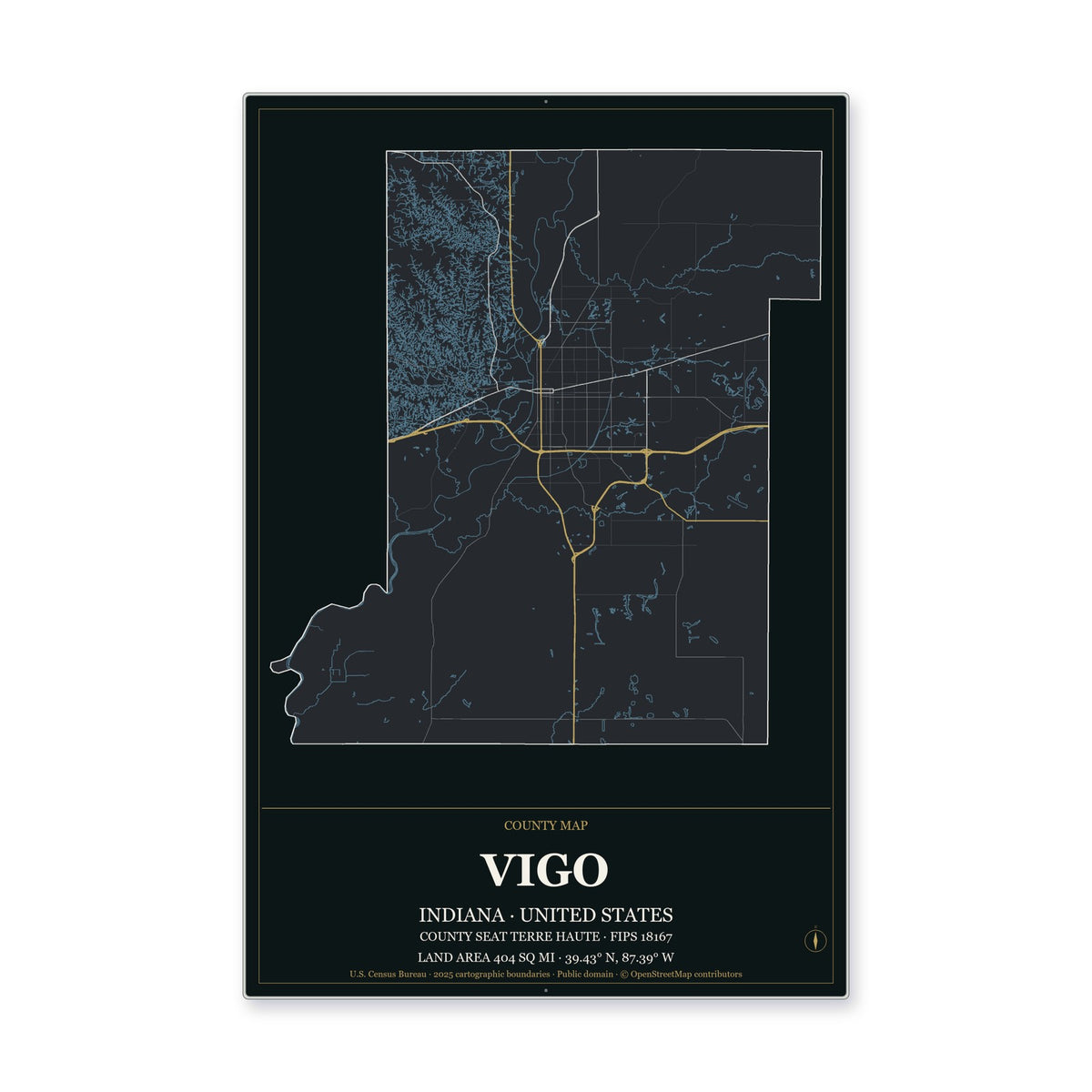 Vigo County, Indiana Map Aluminum Sign in Metropolitan Noir style