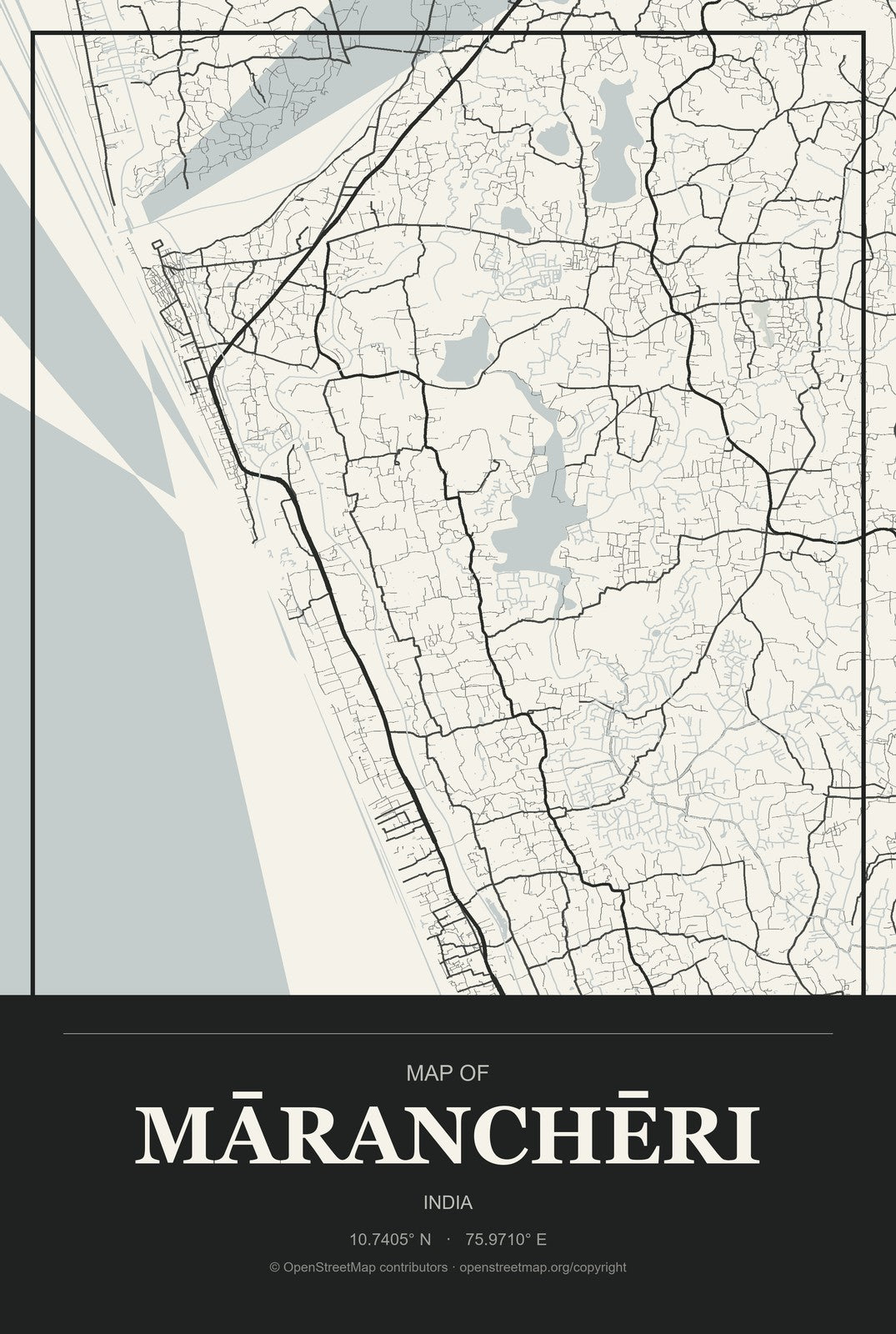 Māranchēri, India City Map Aluminum Sign in Museum Plaque style