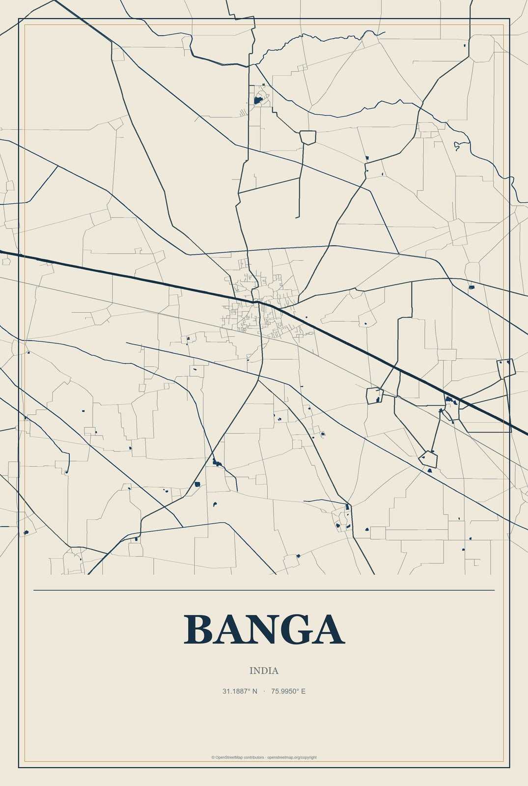 Banga, India City Map Aluminum Sign in Coastal Cutout style