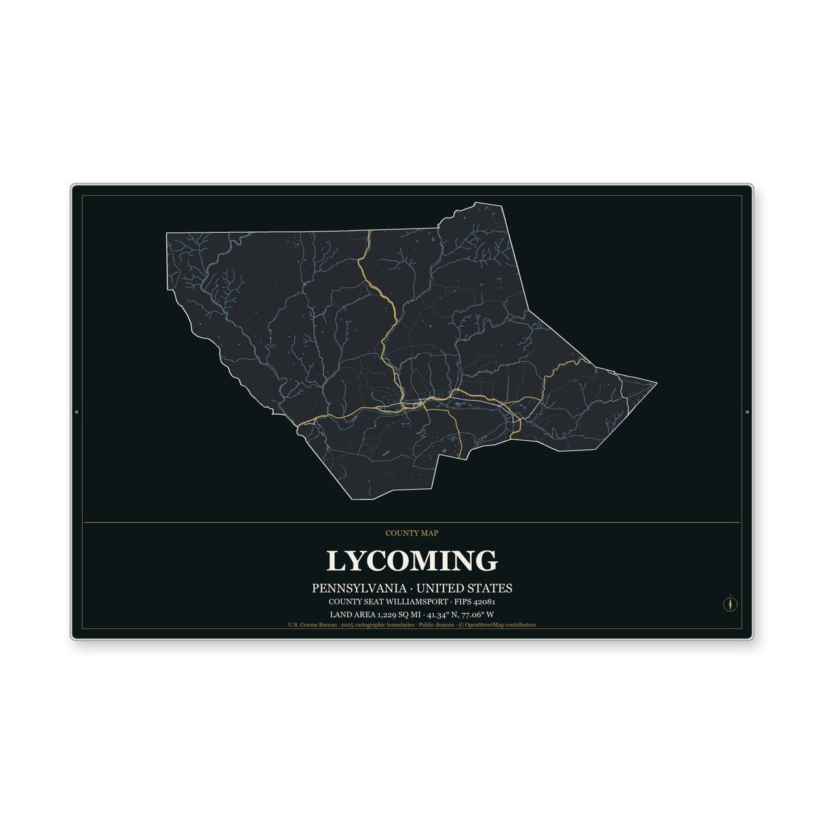 Lycoming County, Pennsylvania Map Aluminum Sign in Metropolitan Noir style