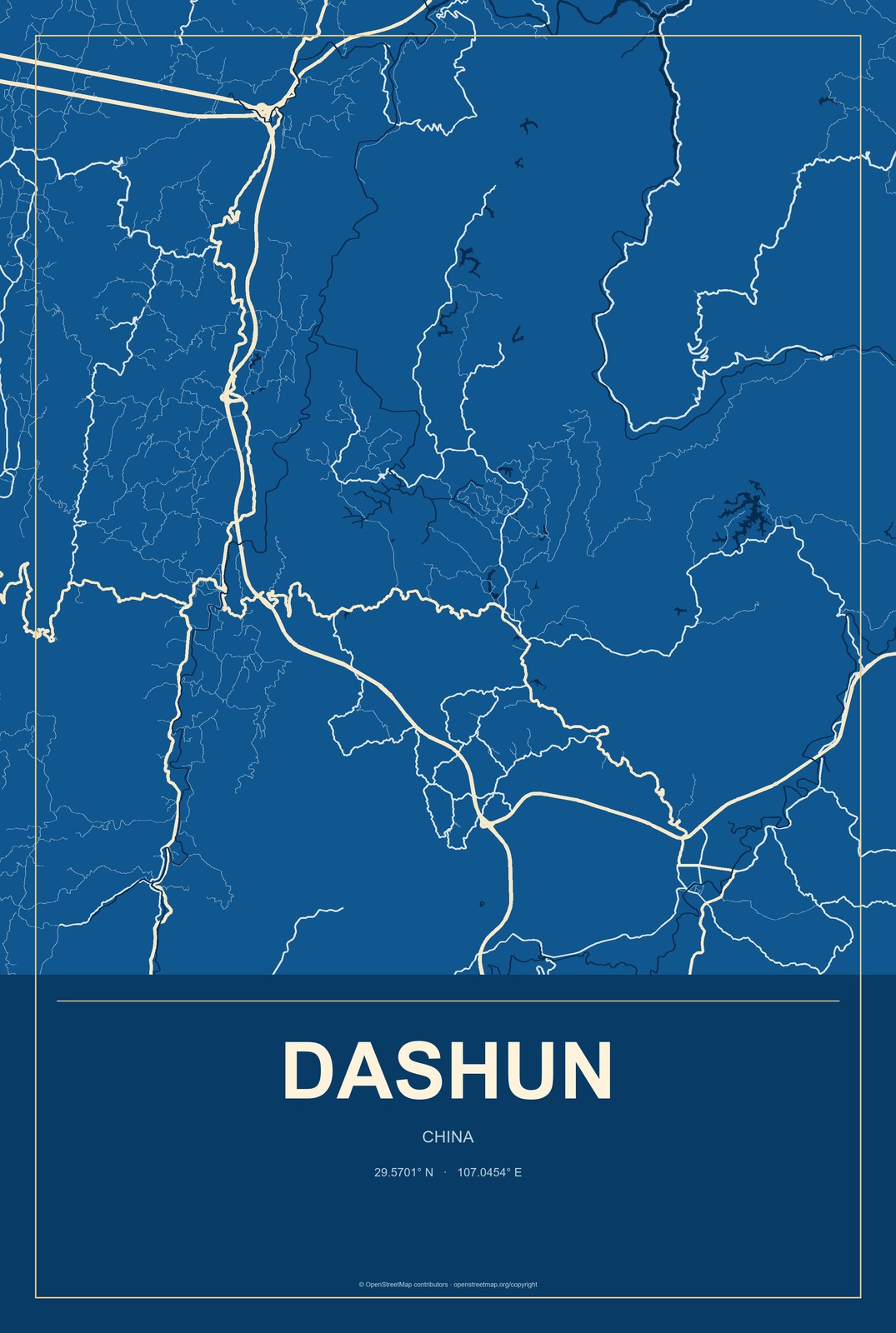 Dashun, China City Map Aluminum Sign in Harbor Cobalt style