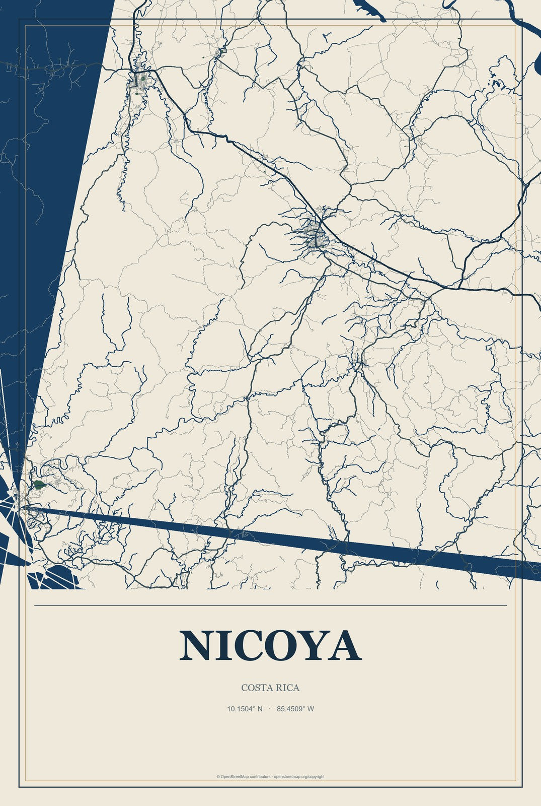 Nicoya, Costa Rica City Map Aluminum Sign in Coastal Cutout style