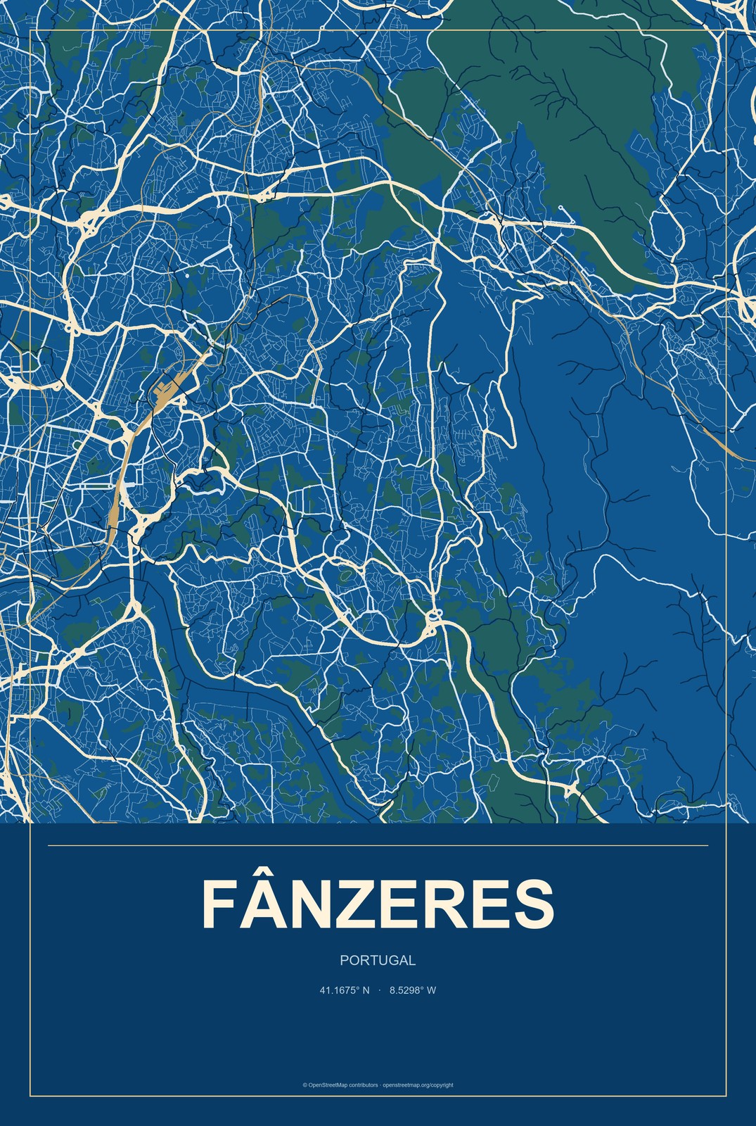 Fânzeres, Portugal City Map Aluminum Sign in Harbor Cobalt style