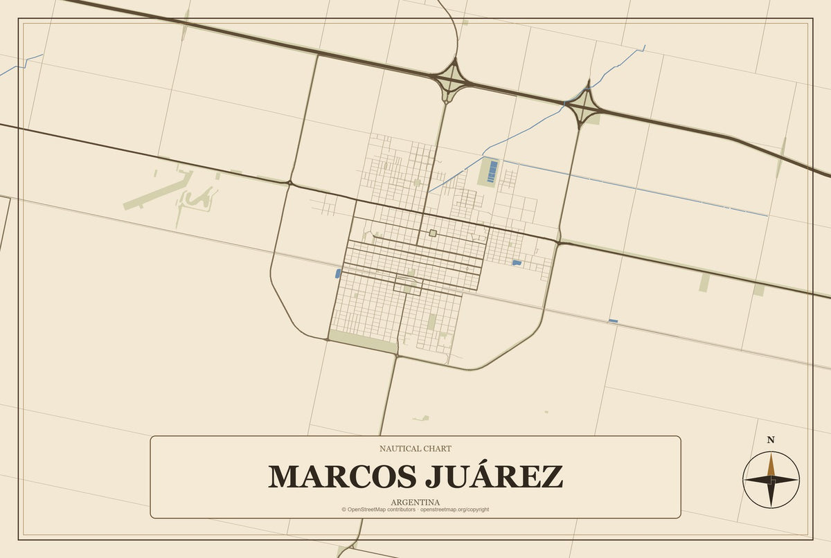 Marcos Juárez, Argentina City Map Aluminum Sign in Heritage Nautical style