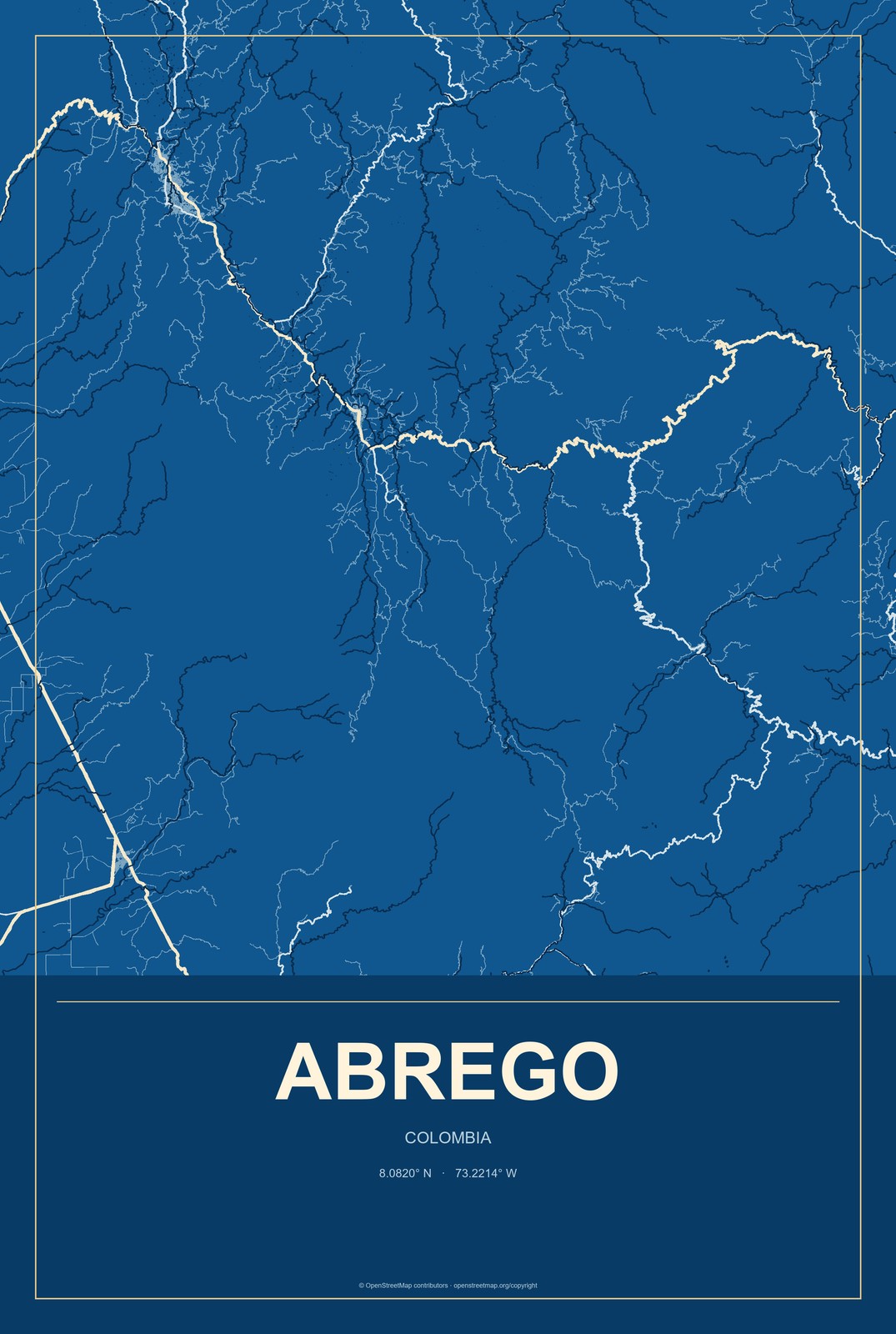 Abrego, Colombia City Map Aluminum Sign in Harbor Cobalt style