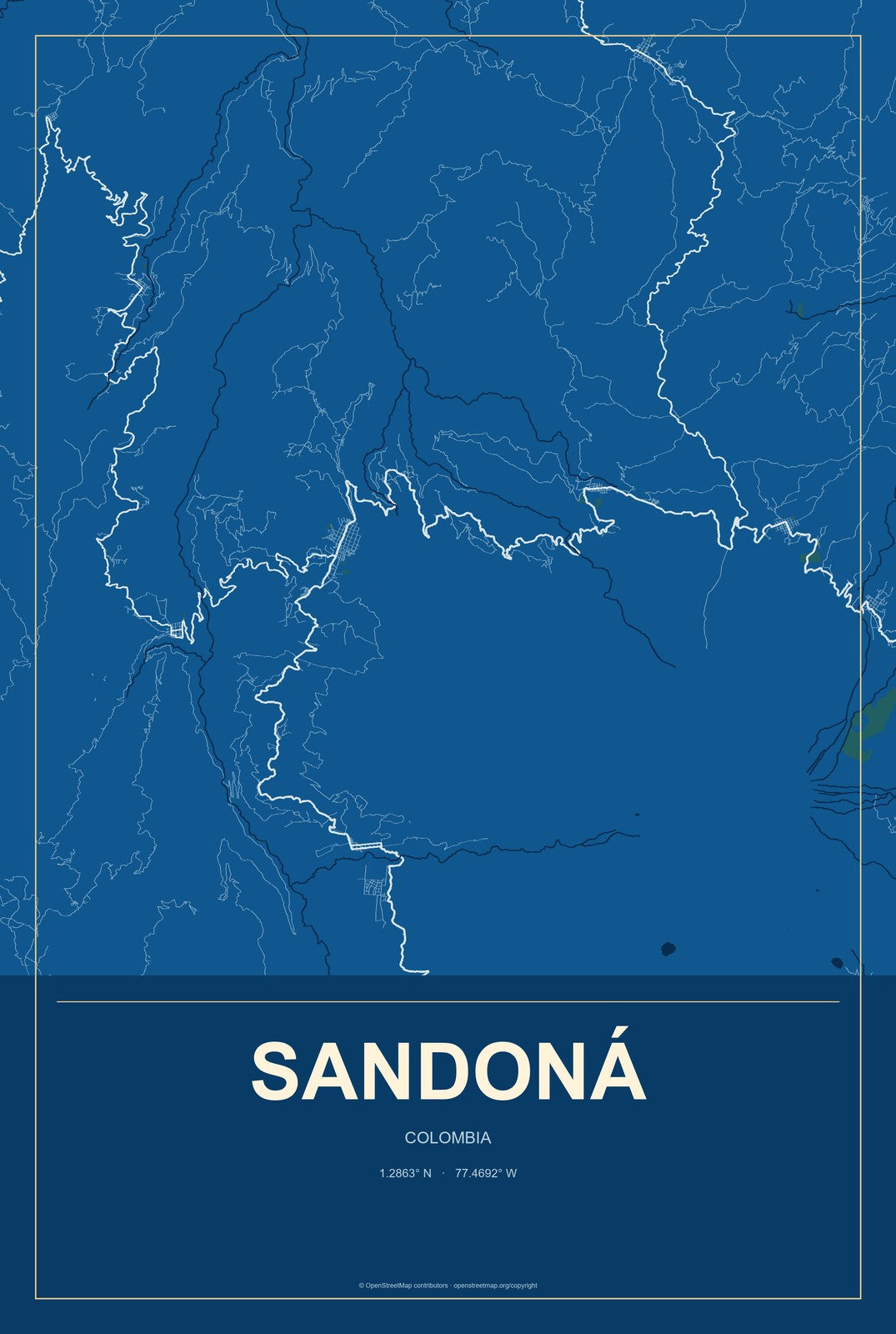 Sandoná, Colombia City Map Aluminum Sign in Harbor Cobalt style