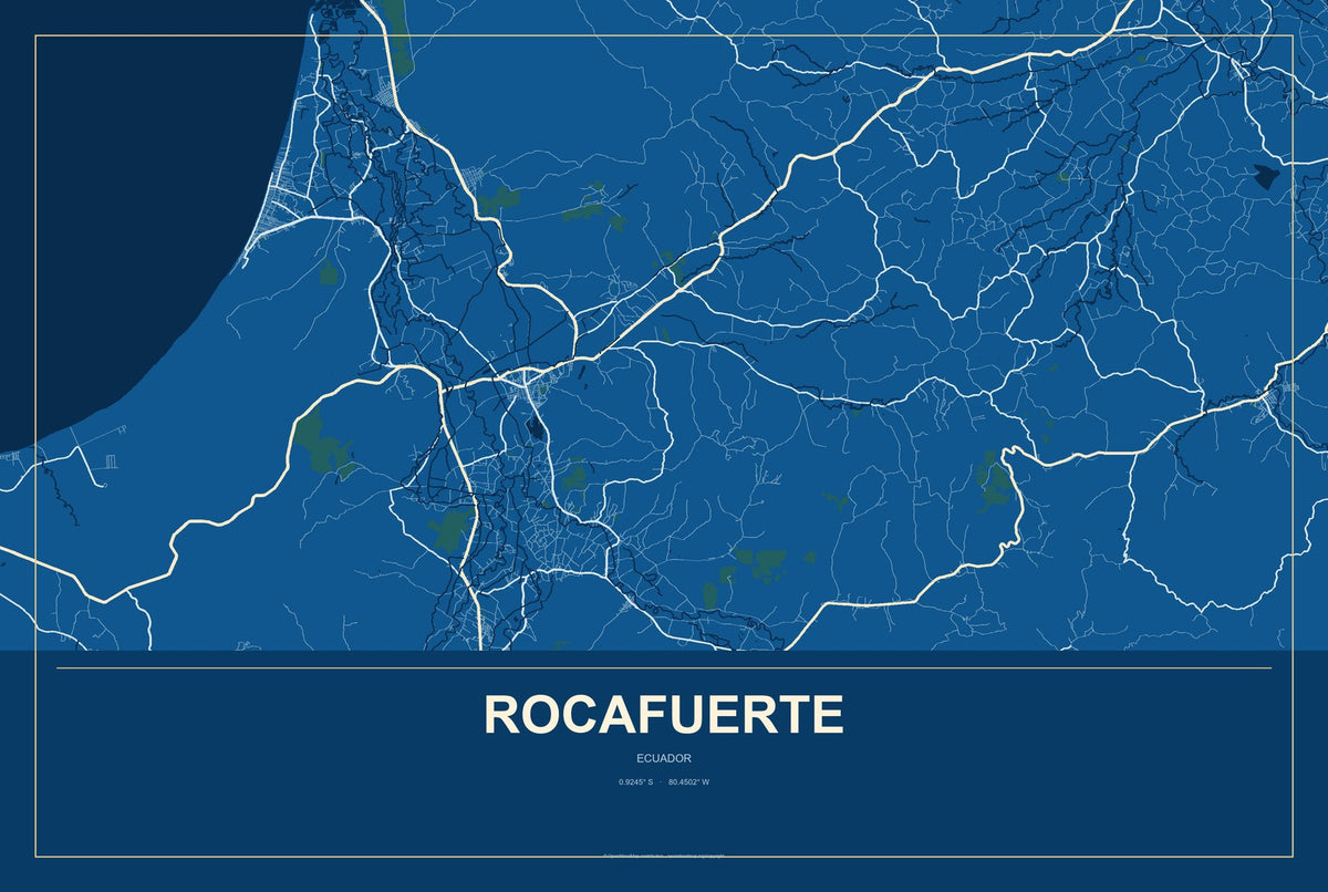 Rocafuerte, Ecuador City Map Aluminum Sign in Harbor Cobalt style