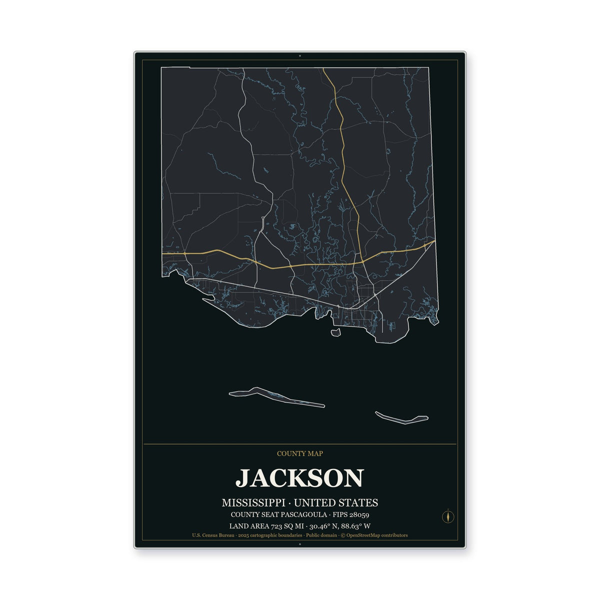 Jackson County, Mississippi Map Aluminum Sign in Metropolitan Noir style