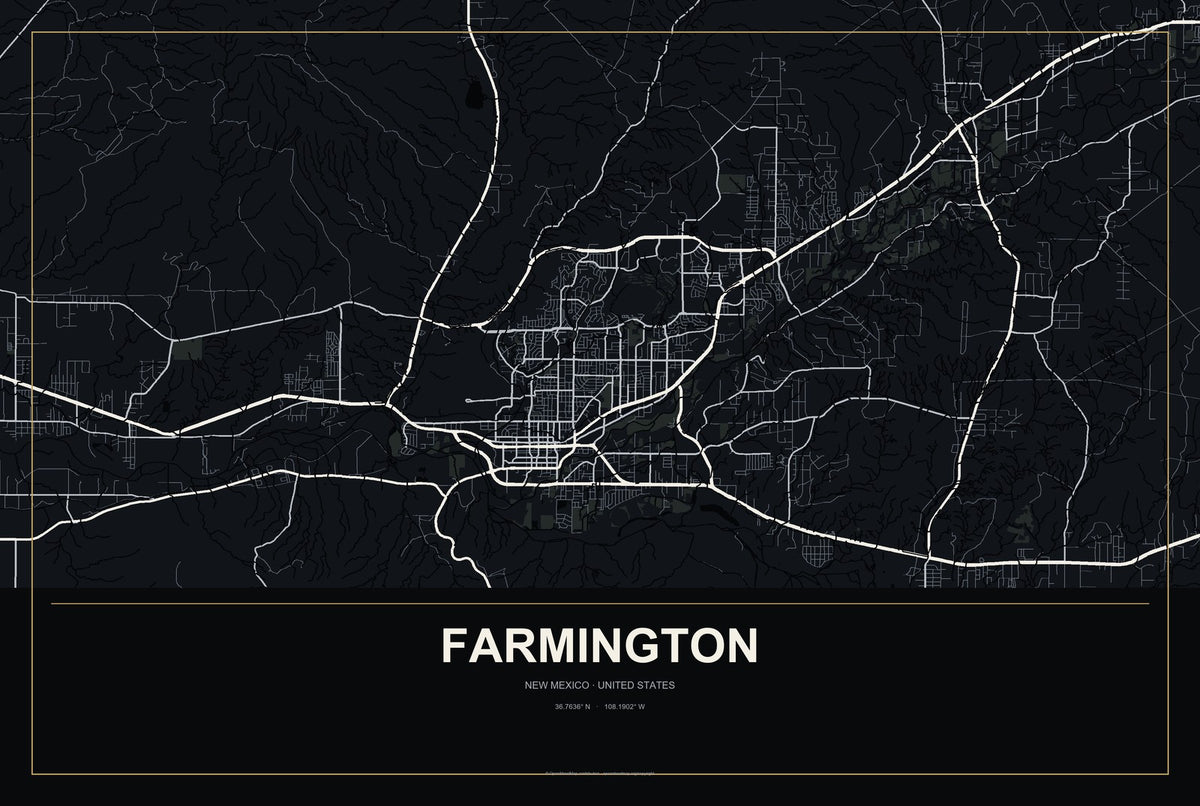 Farmington, New Mexico City Map Aluminum Sign in Metropolitan Noir style