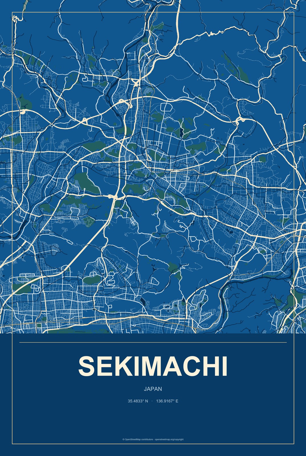 Sekimachi, Japan City Map Aluminum Sign in Harbor Cobalt style