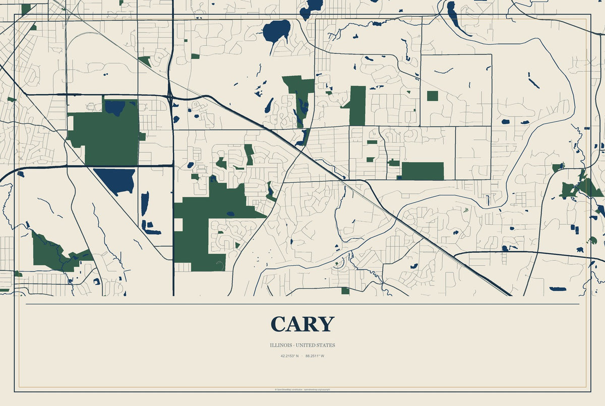 Cary, Illinois City Map Aluminum Sign in Coastal Cutout style