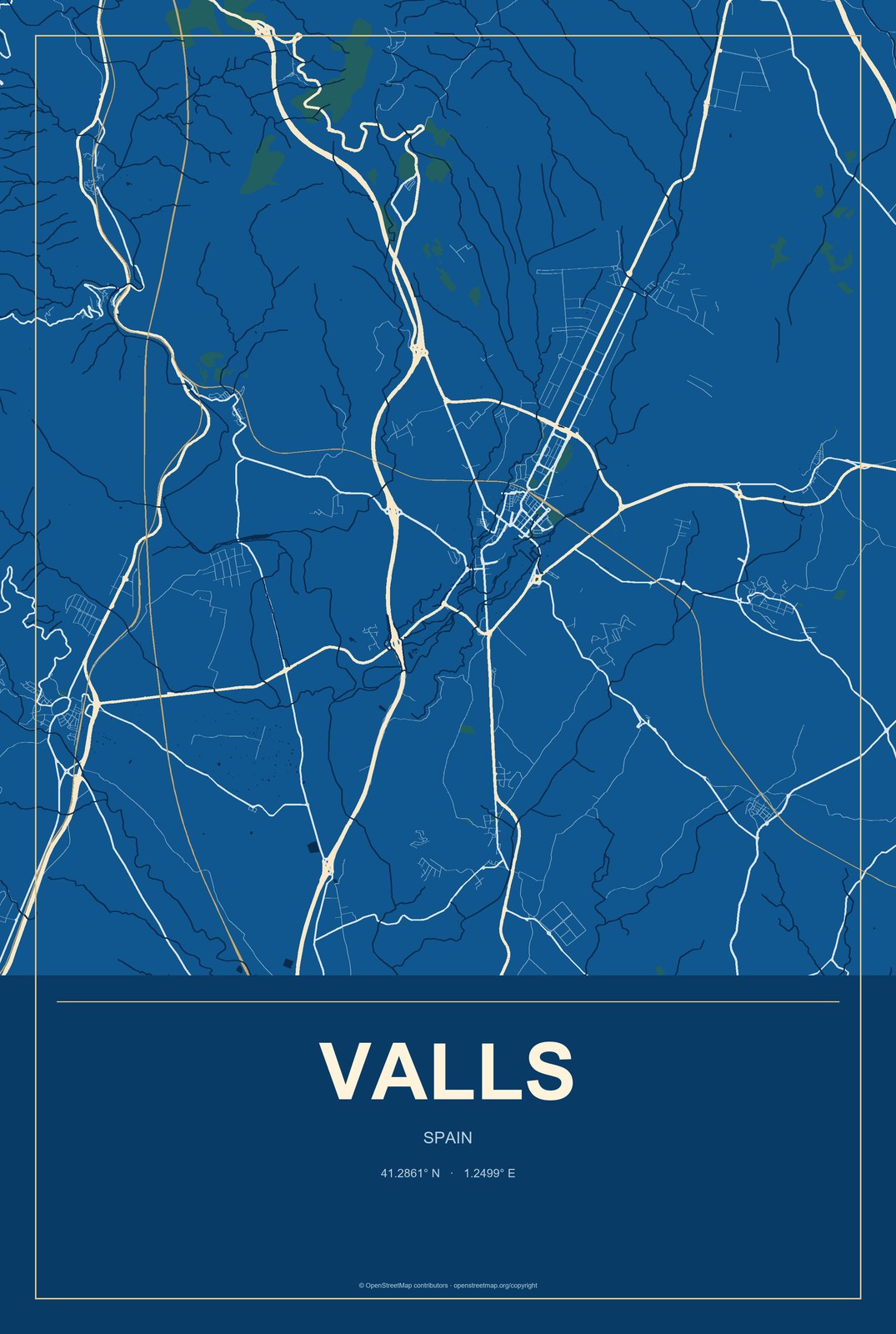 Valls, Spain City Map Aluminum Sign in Harbor Cobalt style