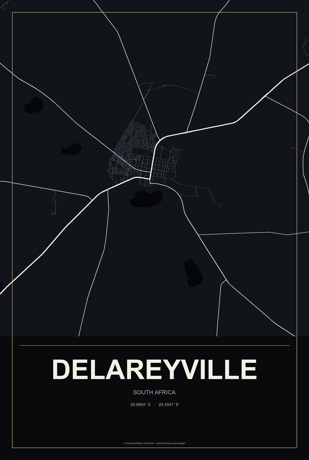 Delareyville, South Africa City Map Aluminum Sign in Metropolitan Noir style