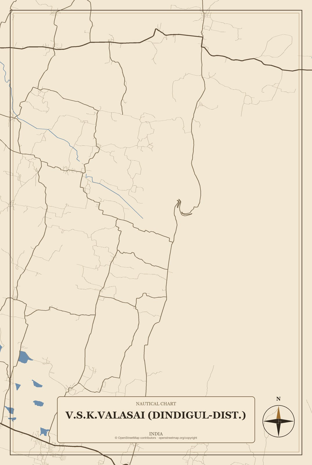 V.S.K.Valasai (Dindigul-Dist.), India City Map Aluminum Sign in Heritage Nautical style