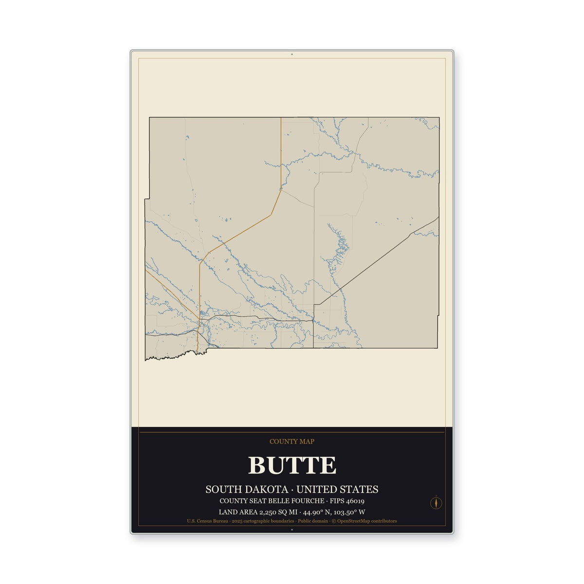 Butte County, South Dakota Map Aluminum Sign in Museum Plaque style