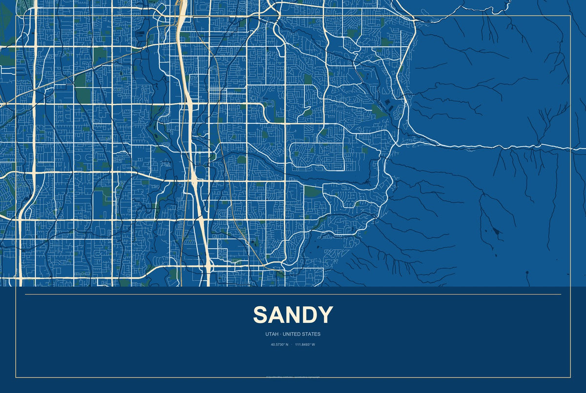 Sandy, Utah City Map Aluminum Sign in Harbor Cobalt style