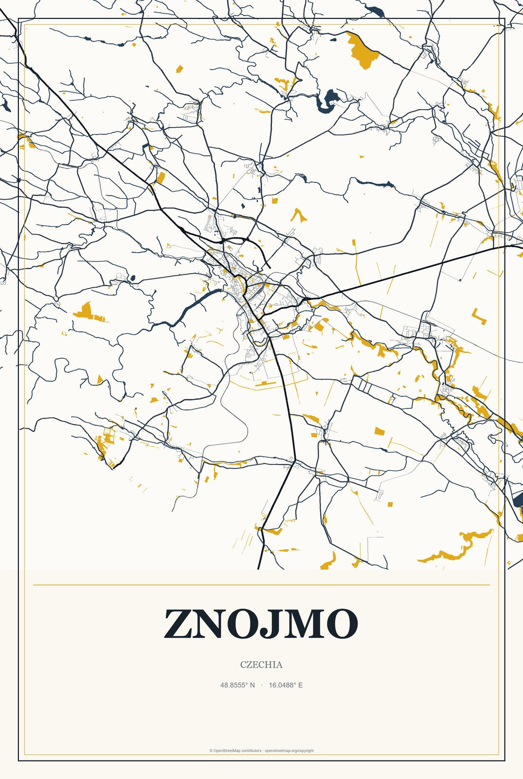Znojmo, Czechia City Map Aluminum Sign in Citrine Modern style