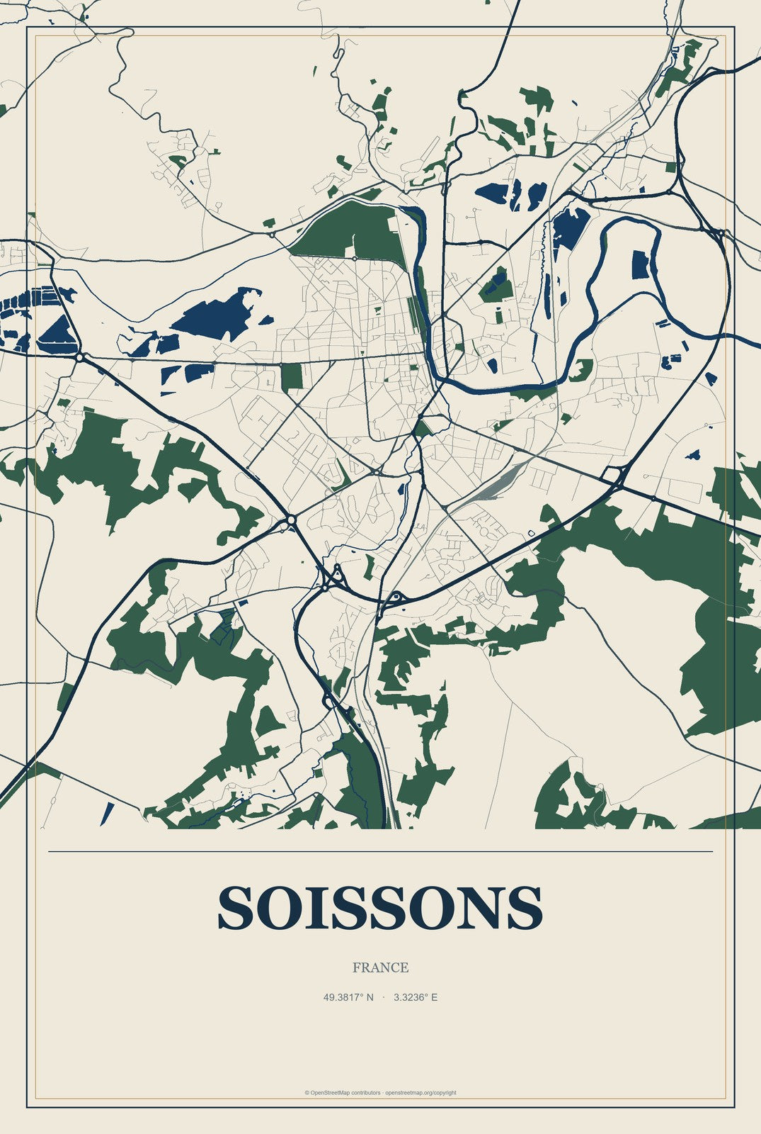 Soissons, France City Map Aluminum Sign in Coastal Cutout style