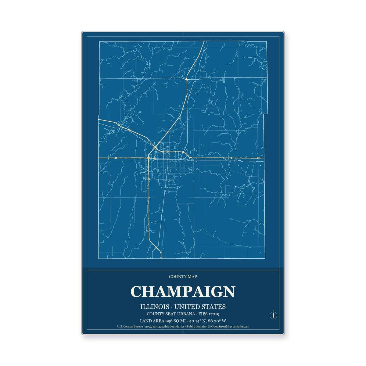 Champaign County, Illinois Map Aluminum Sign in Harbor Cobalt style