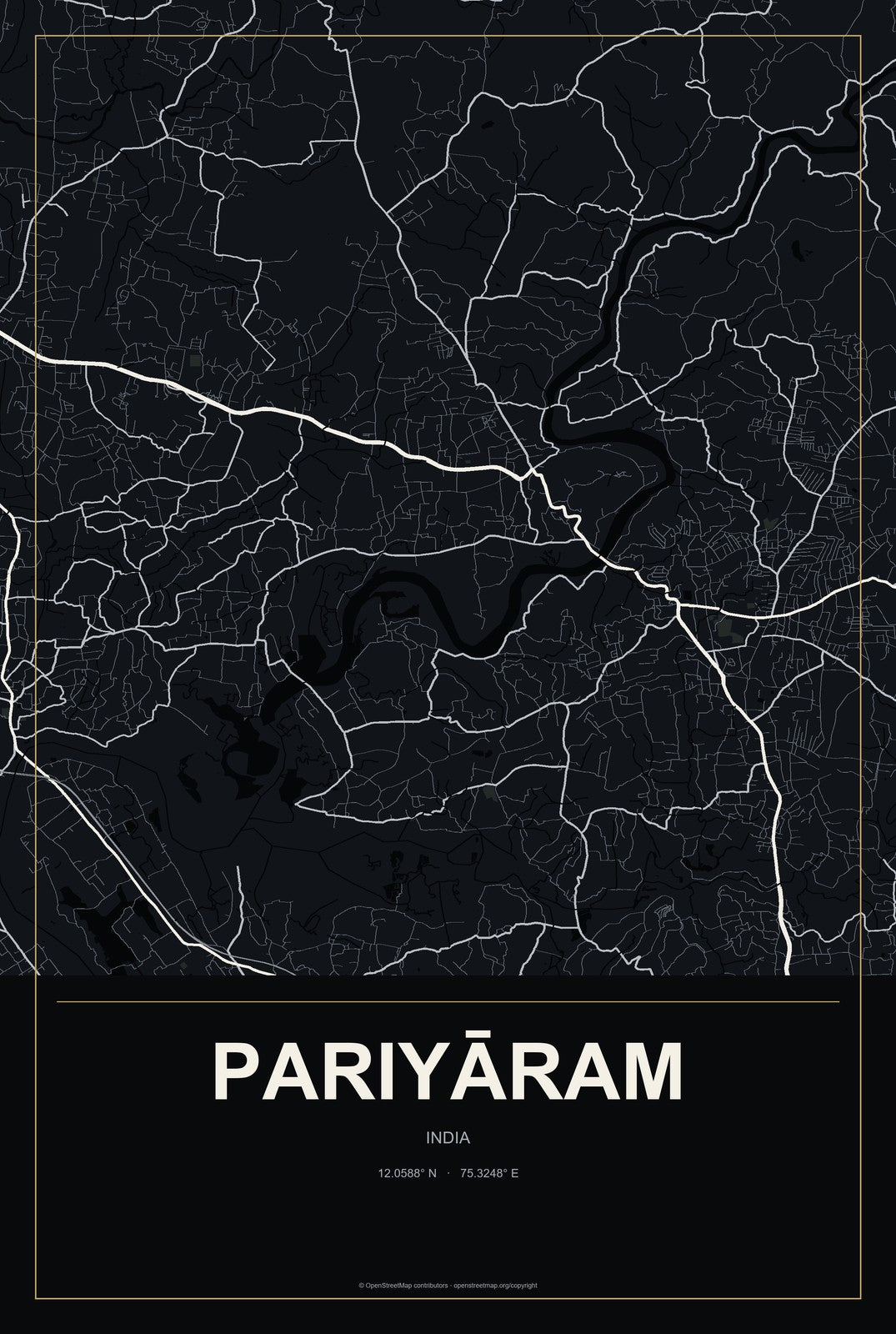 Pariyāram, India City Map Aluminum Sign in Metropolitan Noir style