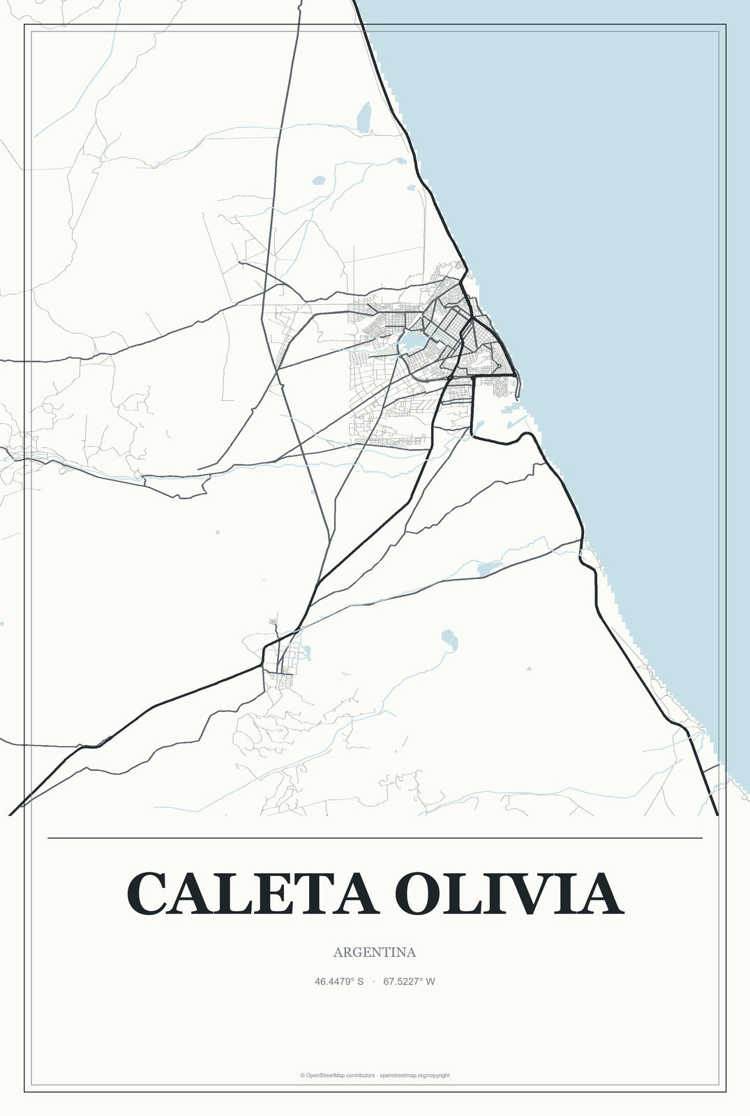 Caleta Olivia, Argentina City Map Aluminum Sign in Gallery Air style