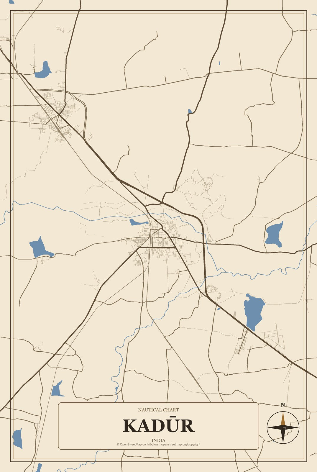 Kadūr, India City Map Aluminum Sign in Heritage Nautical style