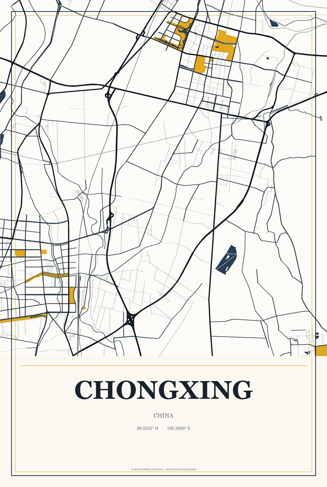 Chongxing, Ningxia, China City Map Aluminum Sign in Citrine Modern style