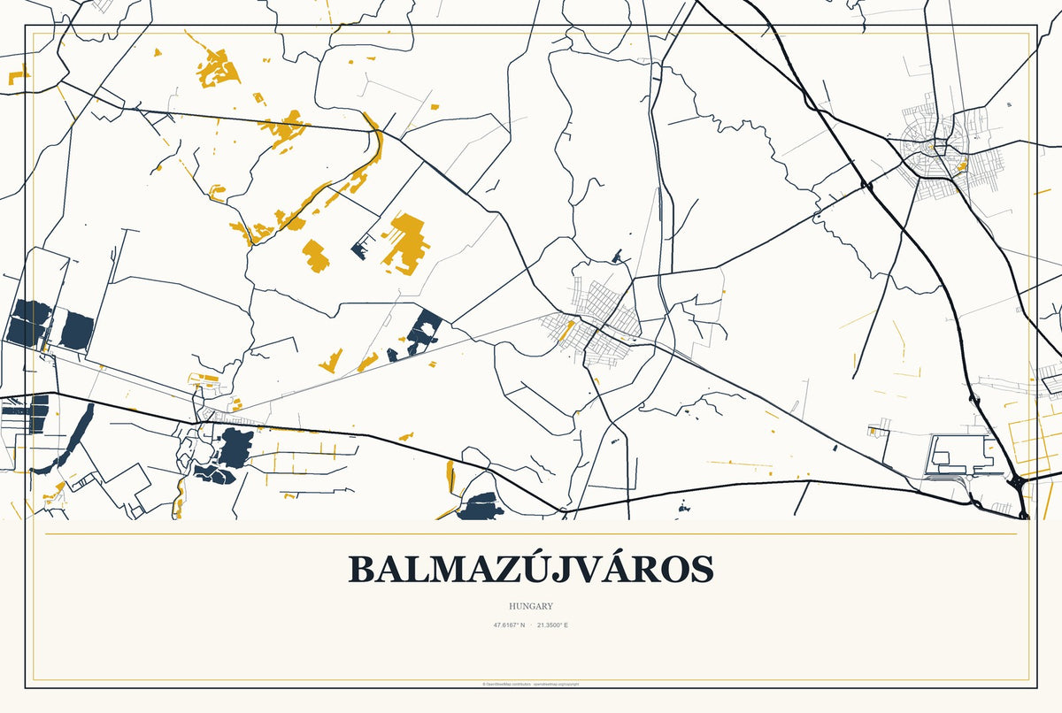 Balmazújváros, Hungary City Map Aluminum Sign in Citrine Modern style