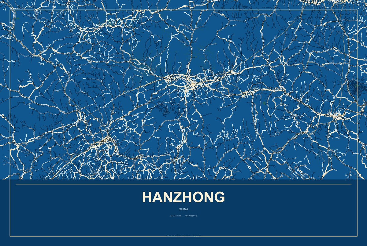 Hanzhong, China City Map Aluminum Sign in Harbor Cobalt style