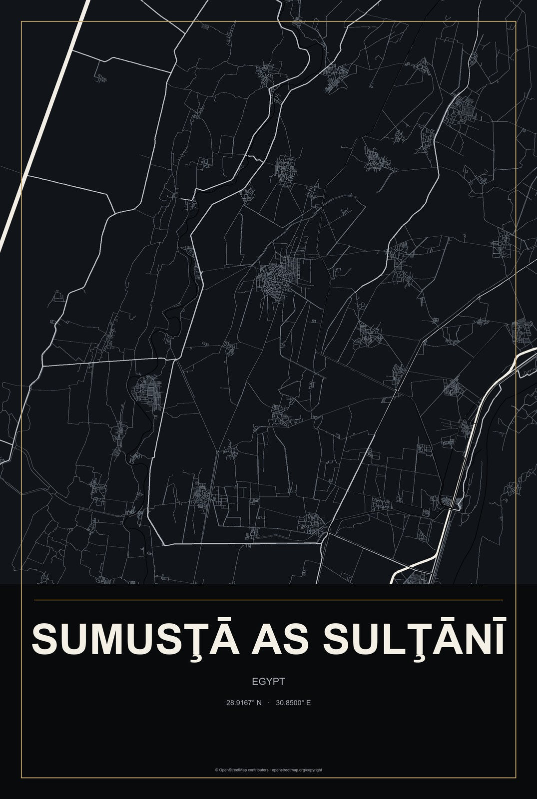 Sumusţā as Sulţānī, Egypt City Map Aluminum Sign in Metropolitan Noir style