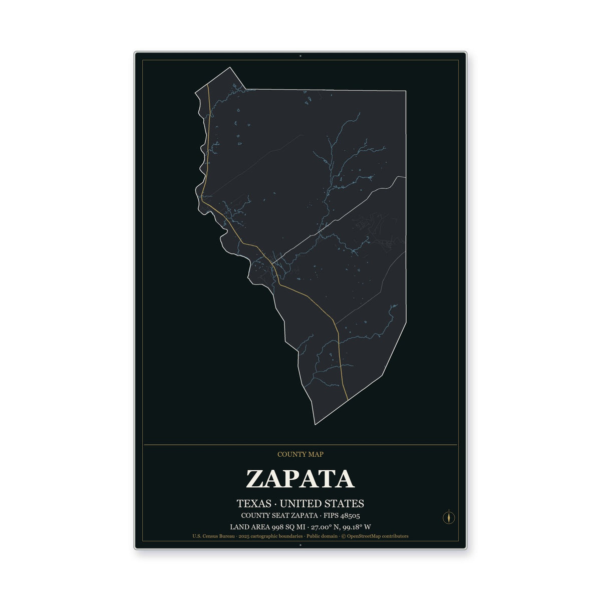 Zapata County, Texas Map Aluminum Sign in Metropolitan Noir style