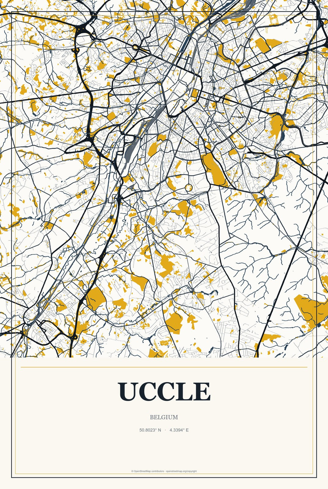 Uccle, Belgium City Map Aluminum Sign in Citrine Modern style