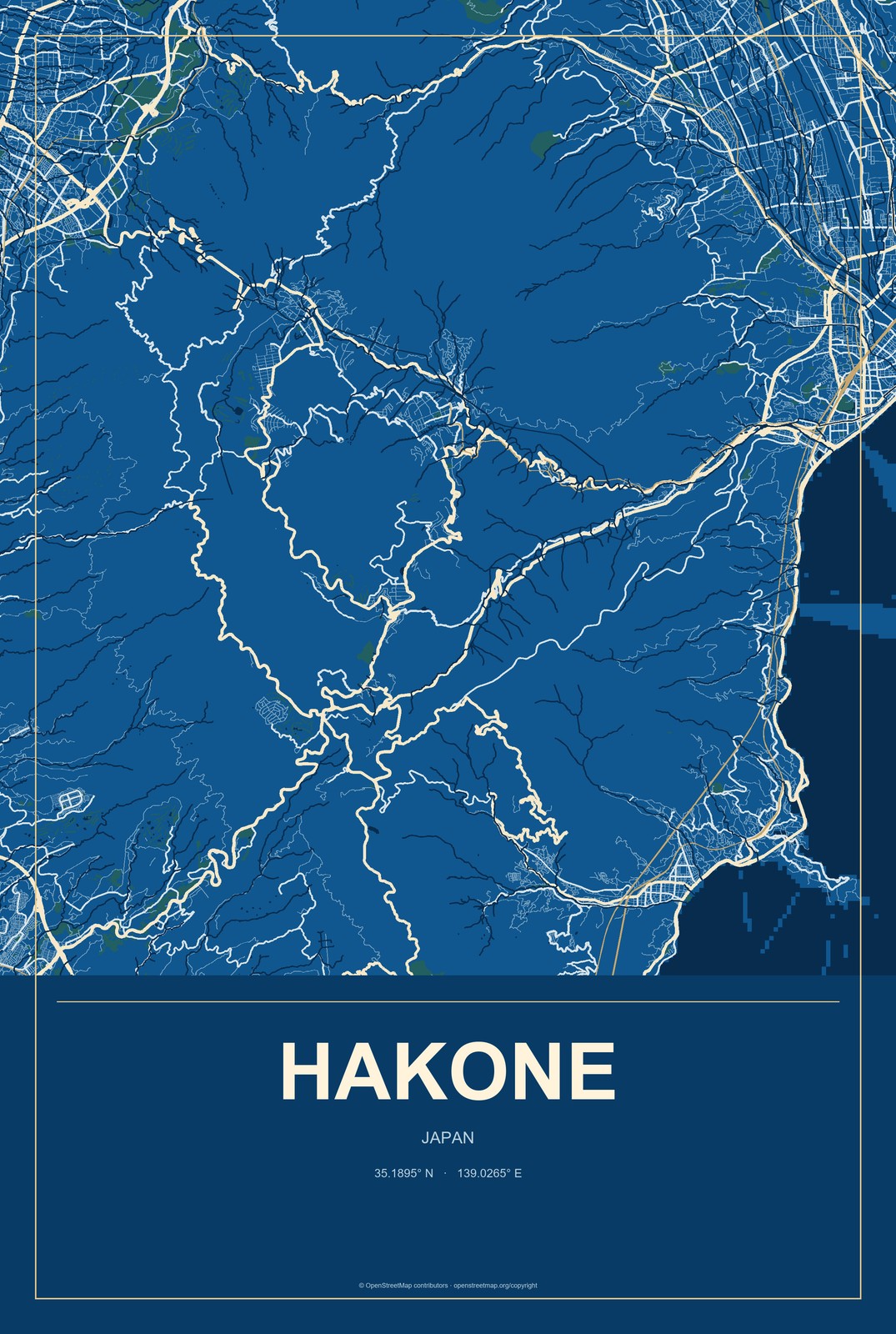 Hakone, Japan City Map Aluminum Sign in Harbor Cobalt style