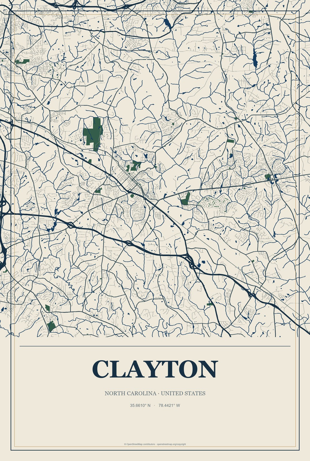 Clayton, North Carolina City Map Aluminum Sign in Coastal Cutout style