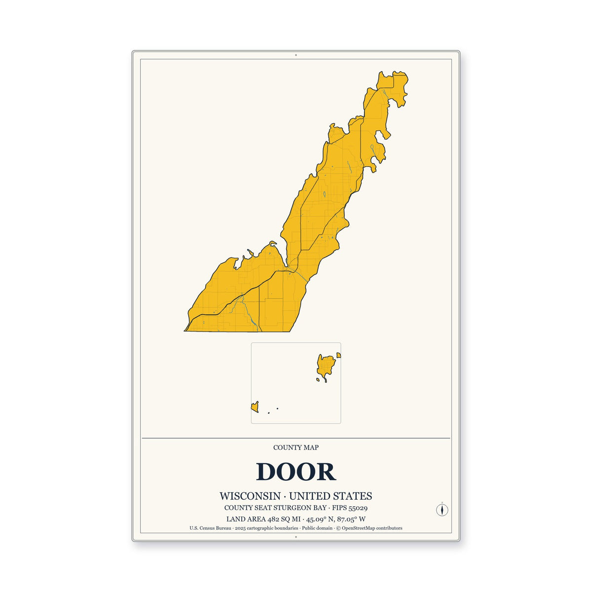 Door County, Wisconsin Map Aluminum Sign in Citrine Modern style