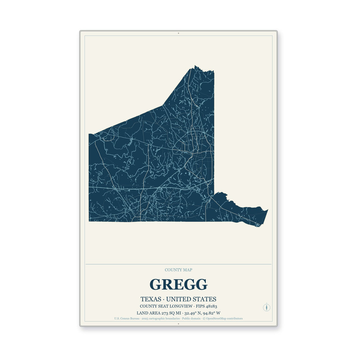 Gregg County, Texas Map Aluminum Sign in Coastal Cutout style