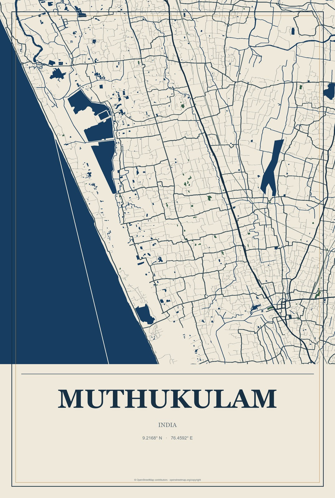 Muthukulam, India City Map Aluminum Sign in Coastal Cutout style