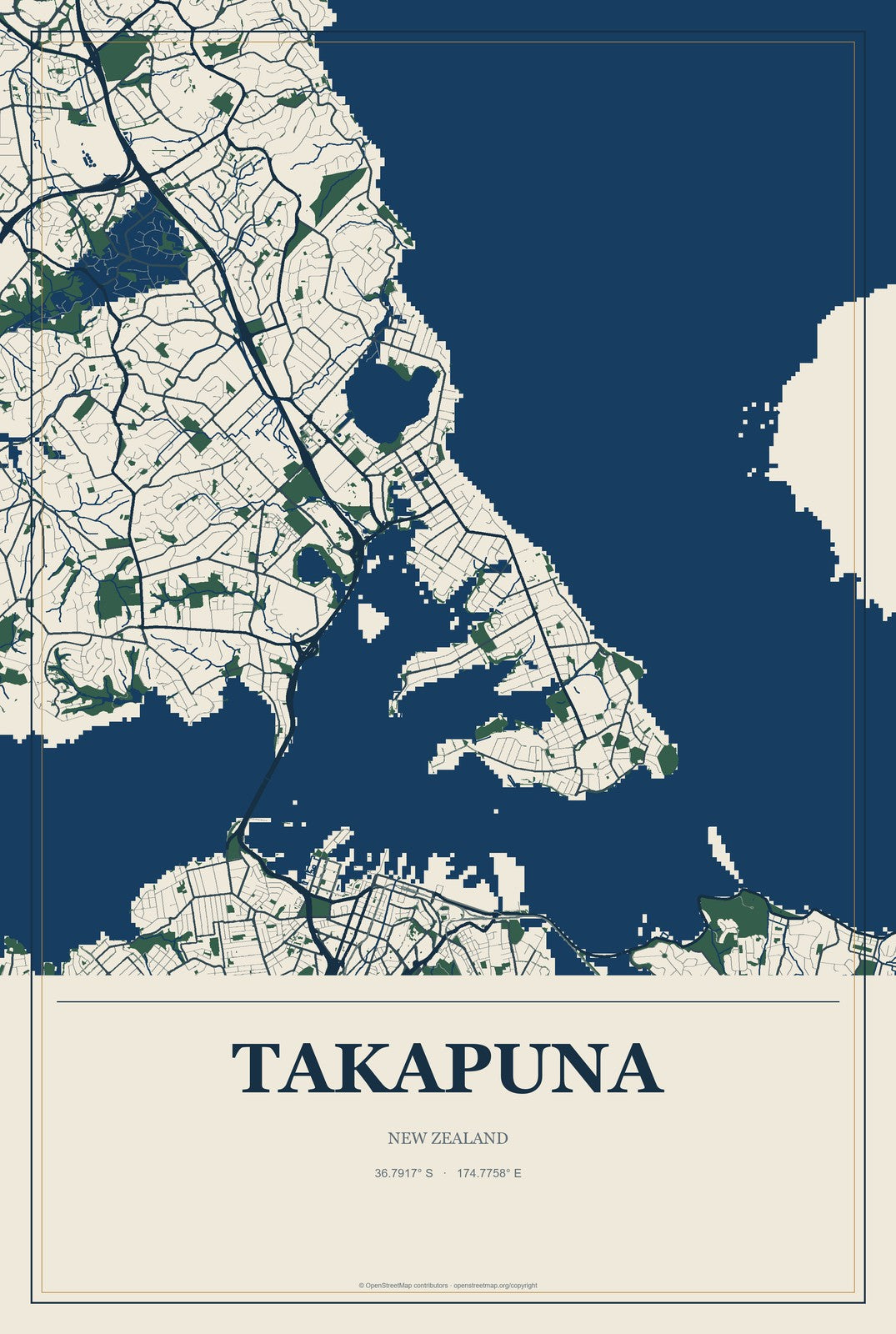 Takapuna, New Zealand City Map Aluminum Sign in Coastal Cutout style