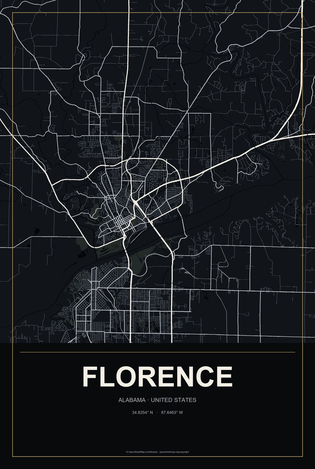 Florence, Alabama City Map Aluminum Sign in Metropolitan Noir style