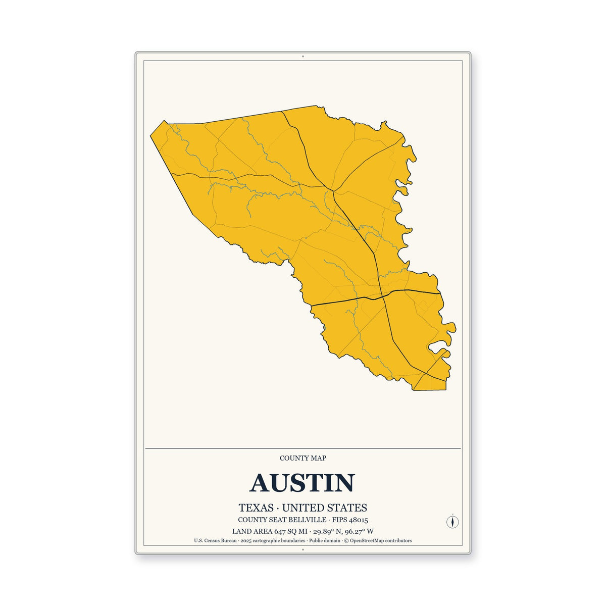 Austin County, Texas Map Aluminum Sign in Citrine Modern style