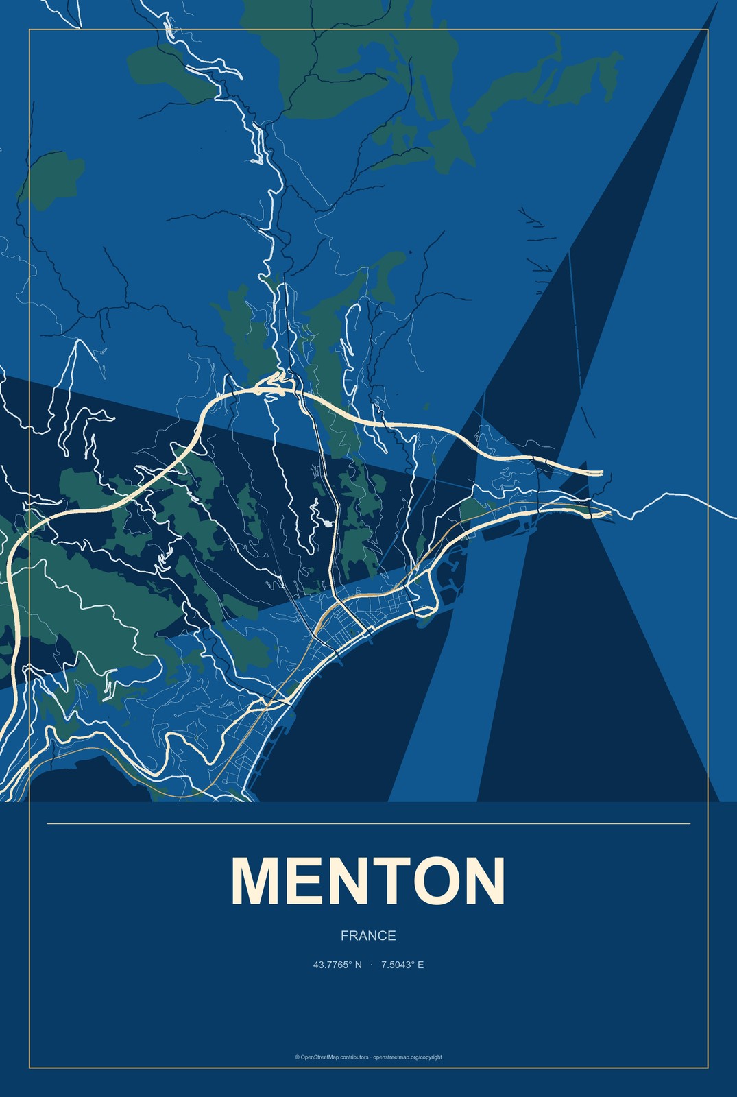 Menton, France City Map Aluminum Sign in Harbor Cobalt style