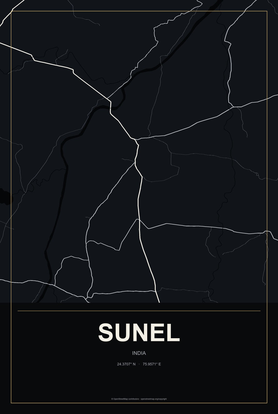 Sunel, India City Map Aluminum Sign in Metropolitan Noir style