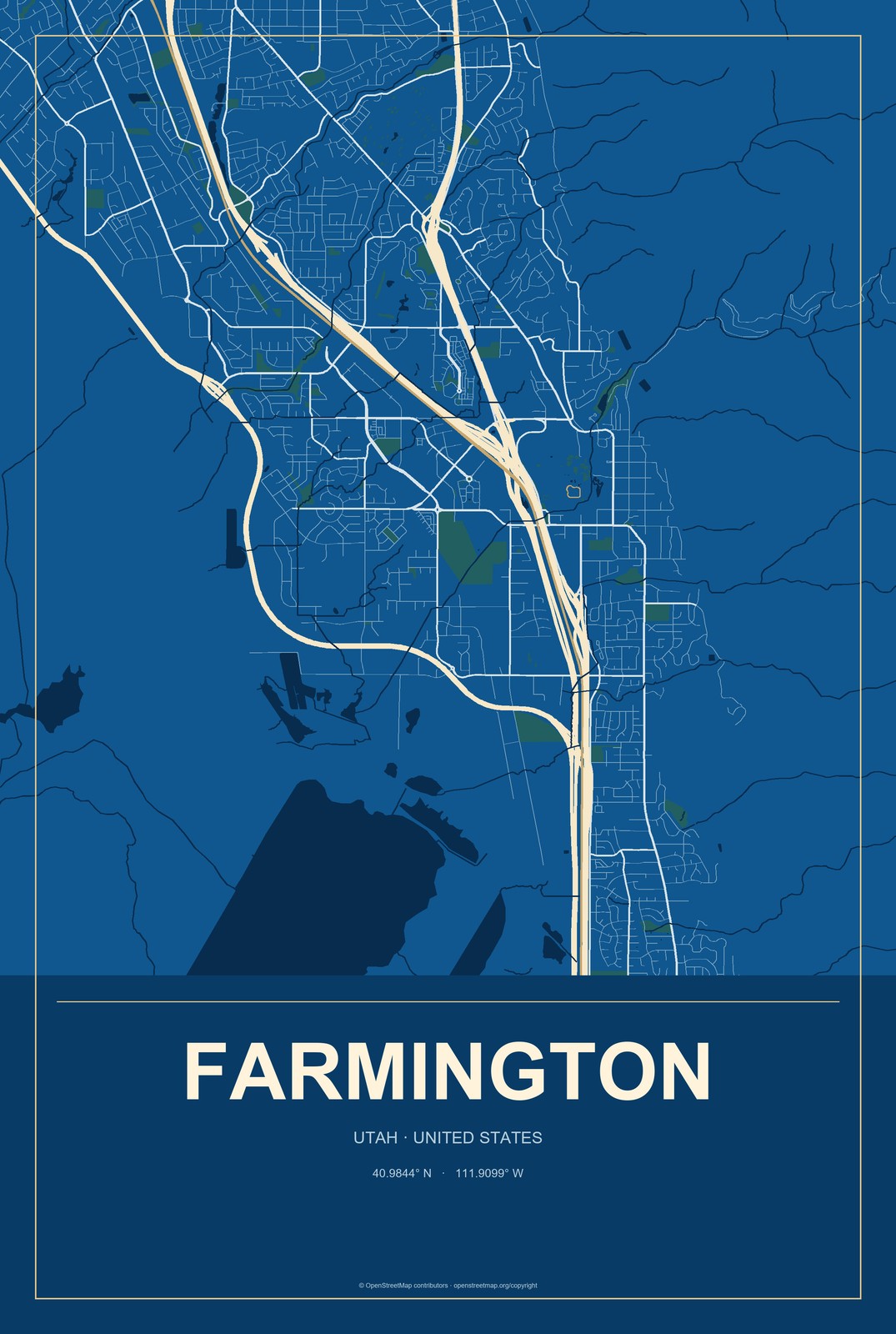 Farmington, Utah City Map Aluminum Sign in Harbor Cobalt style