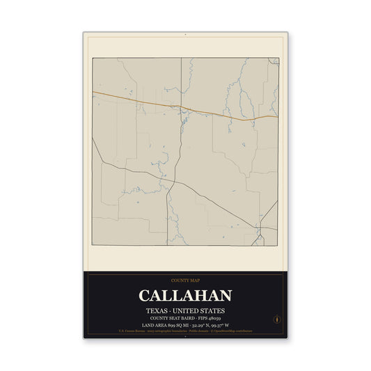 Callahan County, Texas Map Aluminum Sign in Museum Plaque style