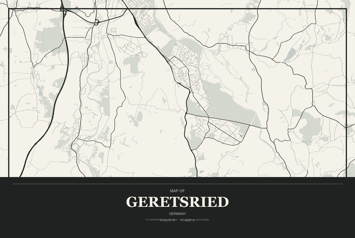 Geretsried, Germany City Map Aluminum Sign in Museum Plaque style