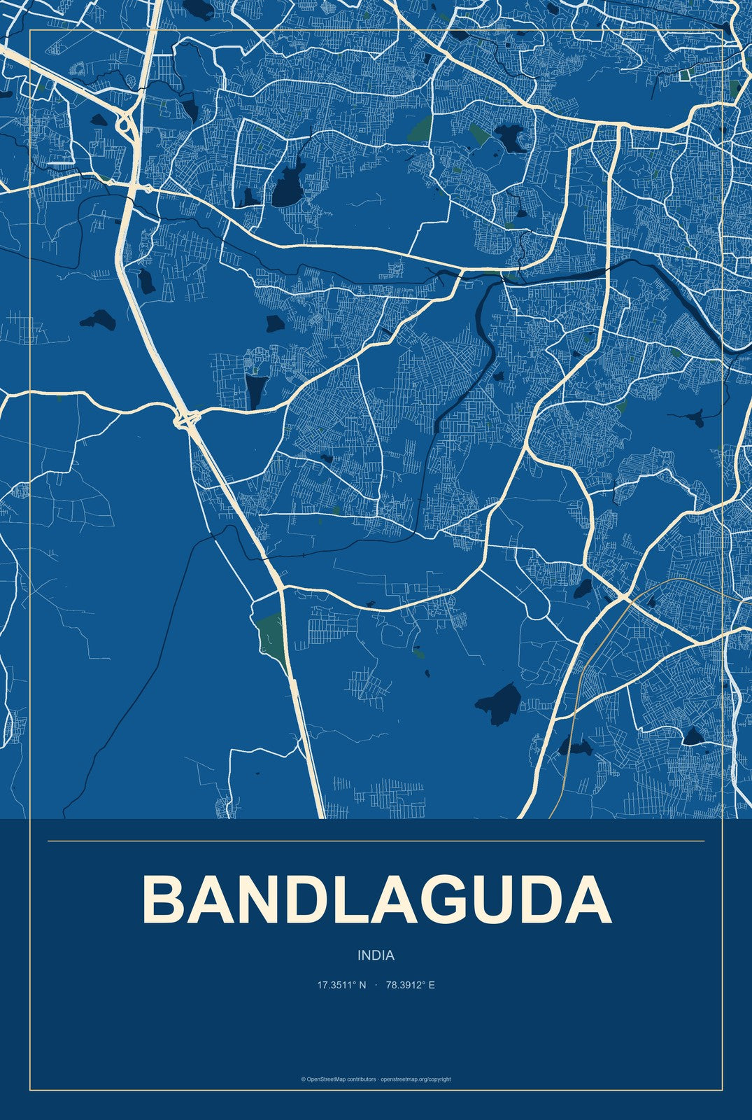 Bandlaguda, India City Map Aluminum Sign in Harbor Cobalt style