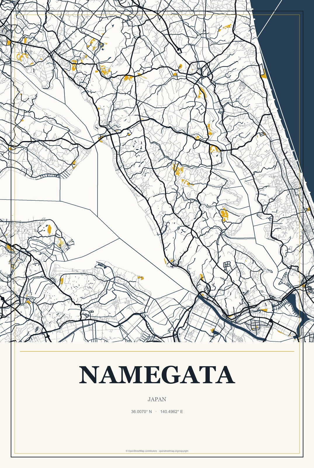 Namegata, Japan City Map Aluminum Sign in Citrine Modern style