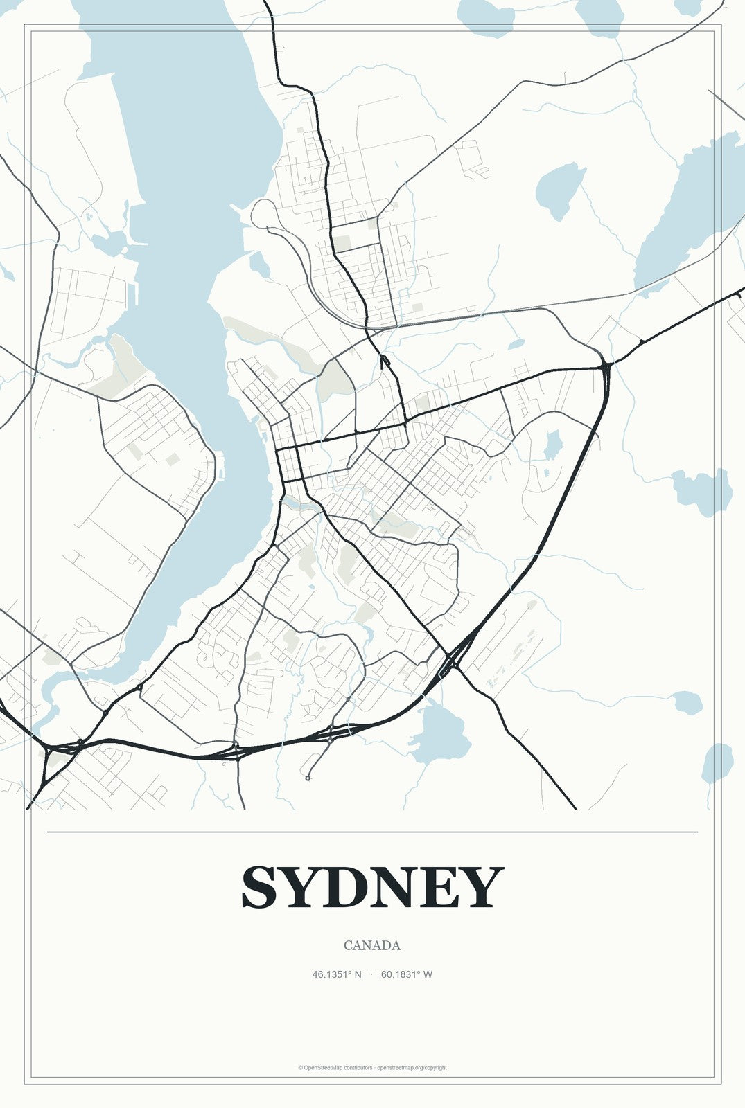 Sydney, Canada City Map Aluminum Sign in Gallery Air style