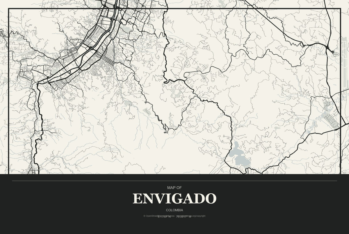 Envigado, Colombia City Map Aluminum Sign in Museum Plaque style